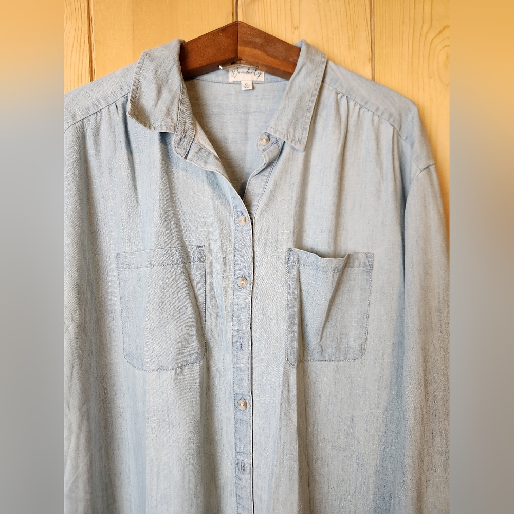 Wonderly Light Denim Wash Long Sleeve Button-Up Front Ruffle Hem Shirtdress NWOT - Picture 3 of 13